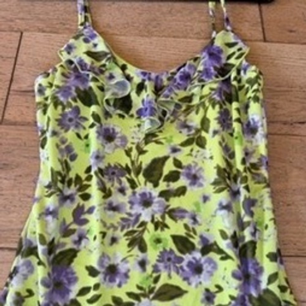 Vintage Y2K Almost Famous Floral Maxi Dress Medium Neon Lime Green Slit (1758)‎